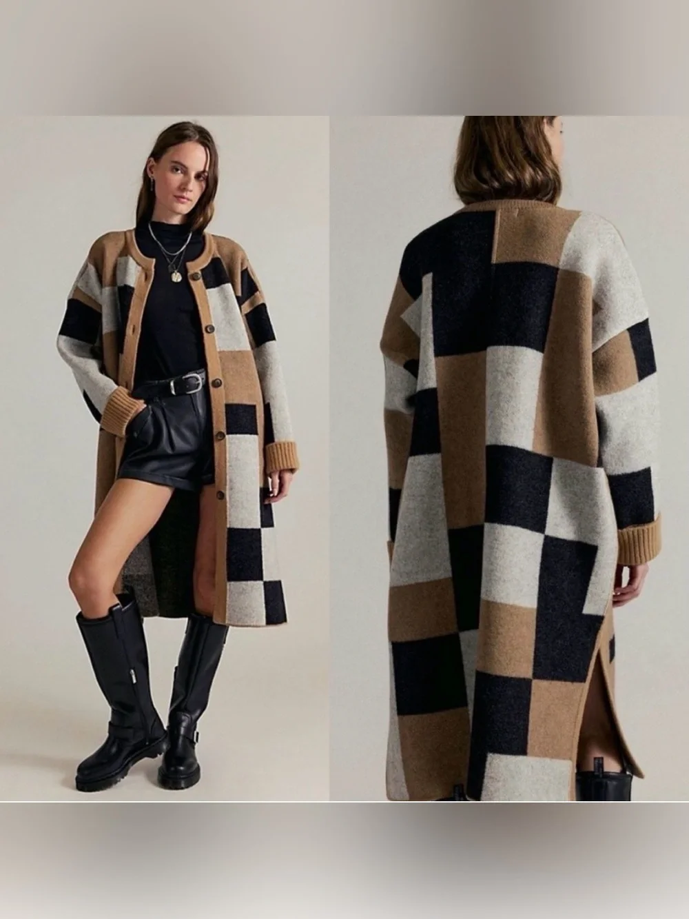 Free People Check Me Out Long Cardigan Jacket Plaid Wool Chunky M & L‎